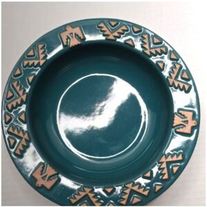 Frankoma Pottery American Aztec Rim Soup Bowl Native Teal Green